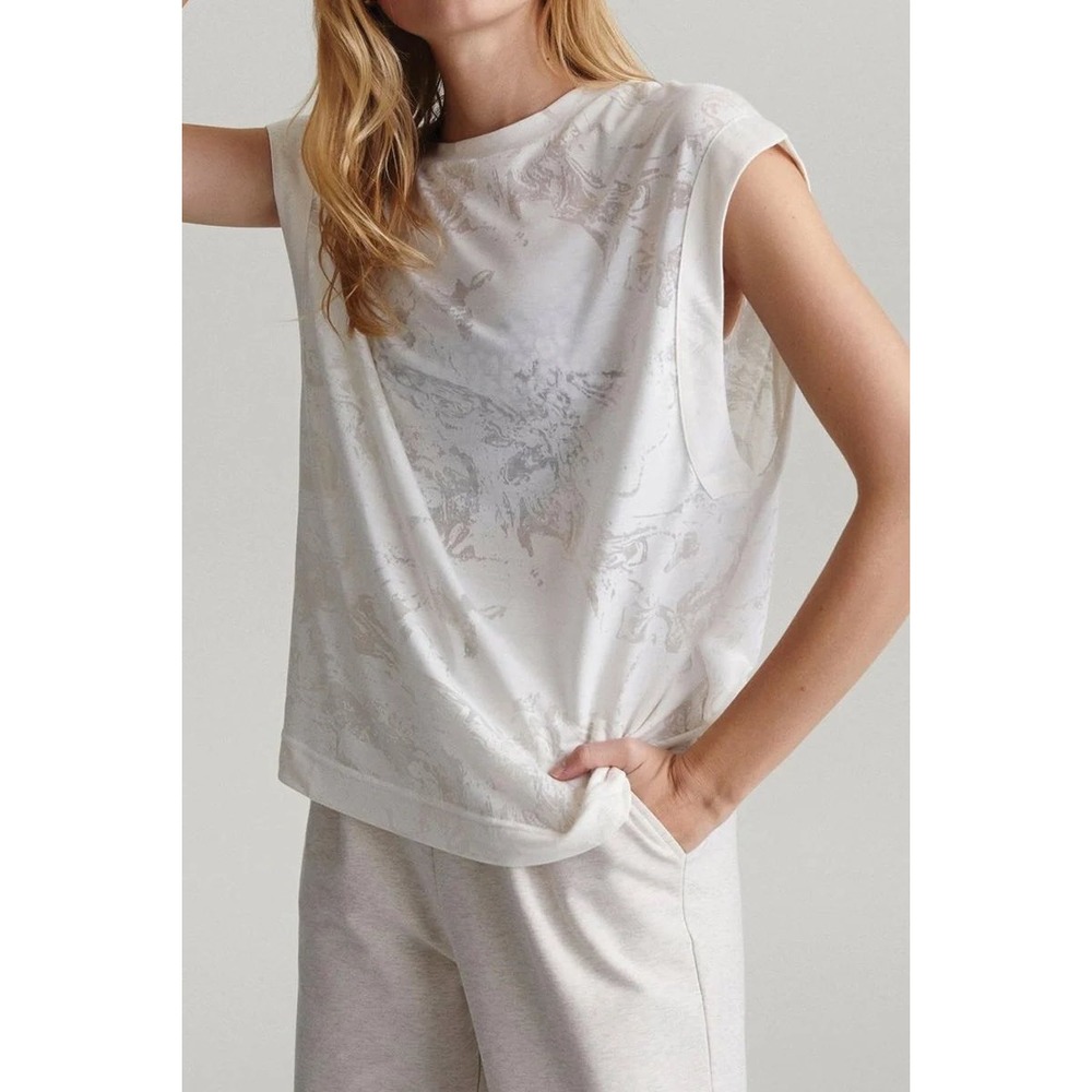 Varley Virden T-Shirt White Marble Print Muscle Tee Cap Sleeve Small NWOT